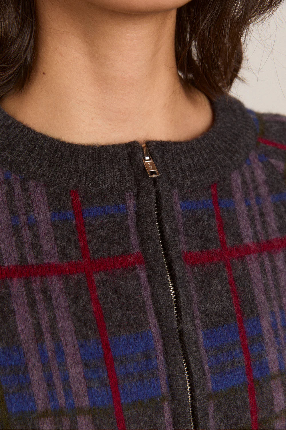 Damson Madder - Minah Merino Wool Cardigan, Brushed Check