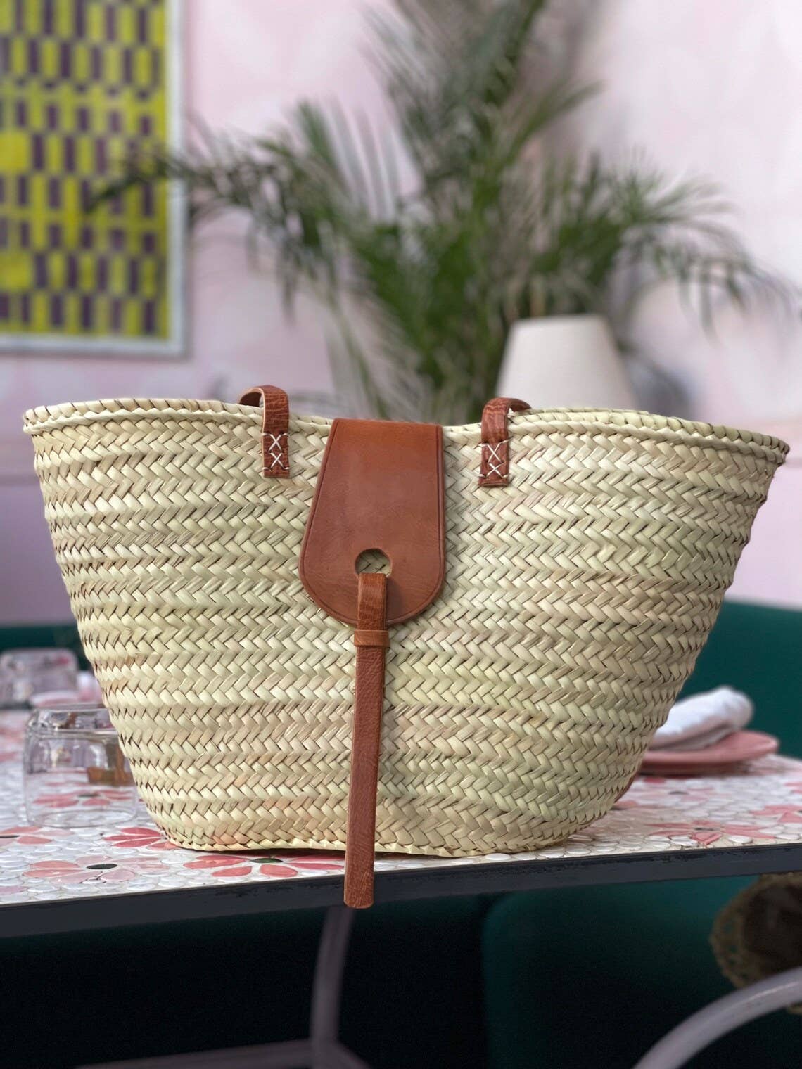 Marrakesh Living - Straw Basket with Long Handle - Handmade with Leather