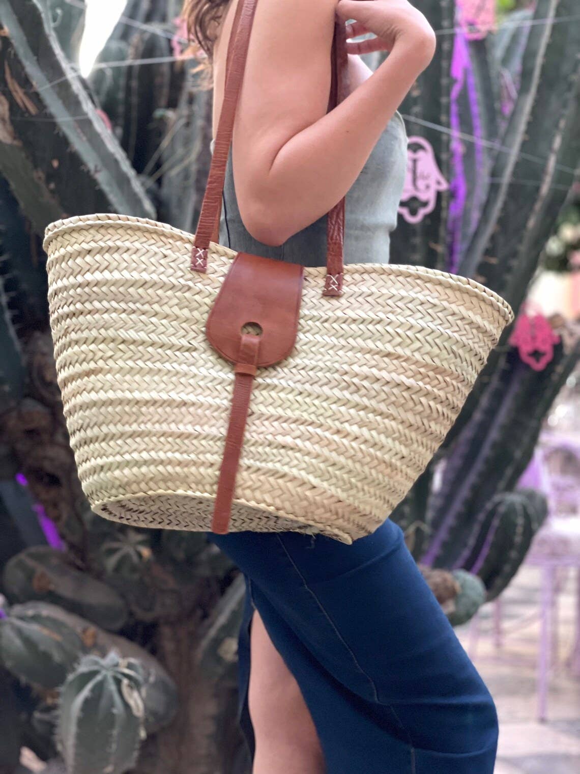 Marrakesh Living - Straw Basket with Long Handle - Handmade with Leather