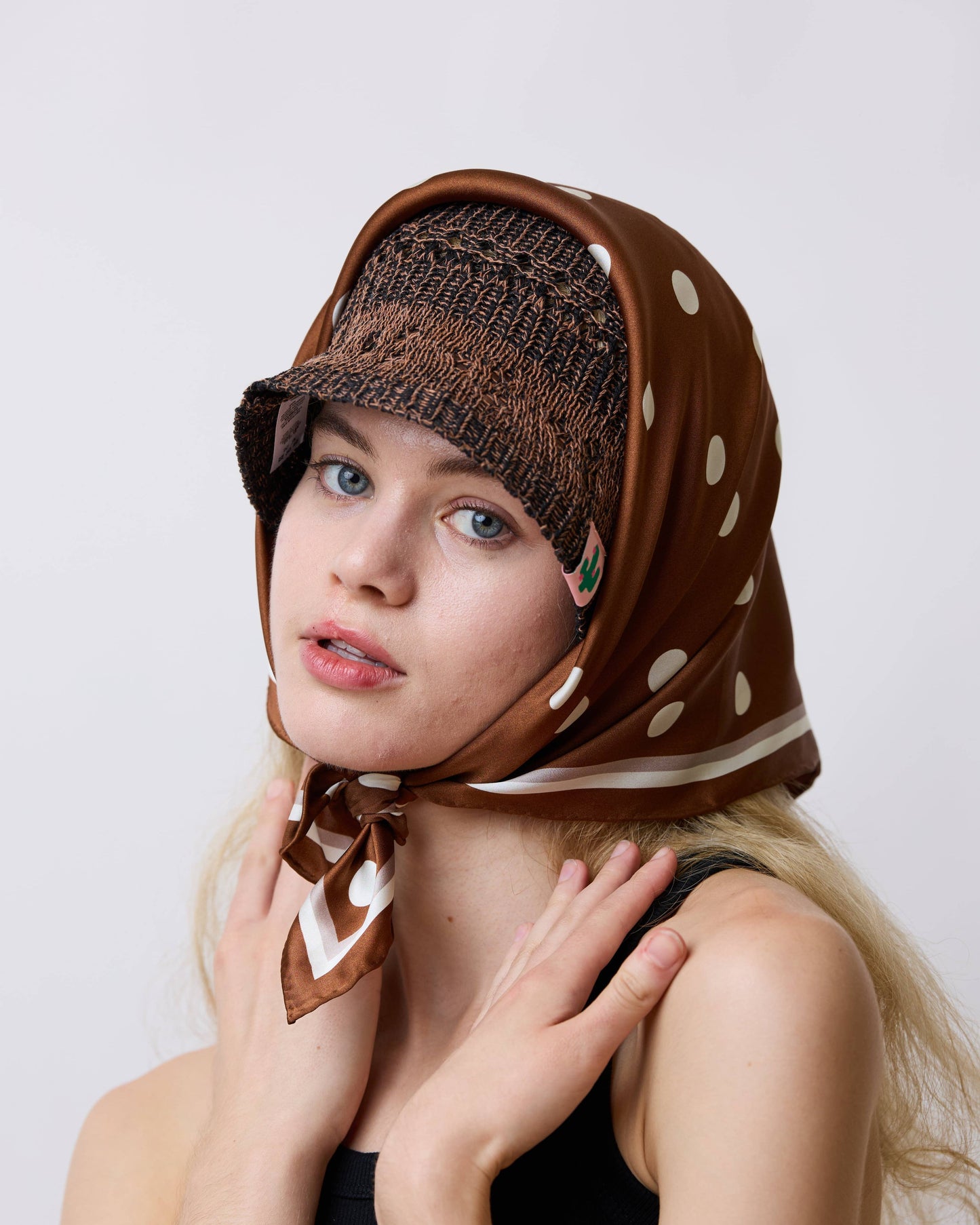 Lost Pattern NYC - Retro Polka Silk Bandana Scarf, Cafe Au Lait