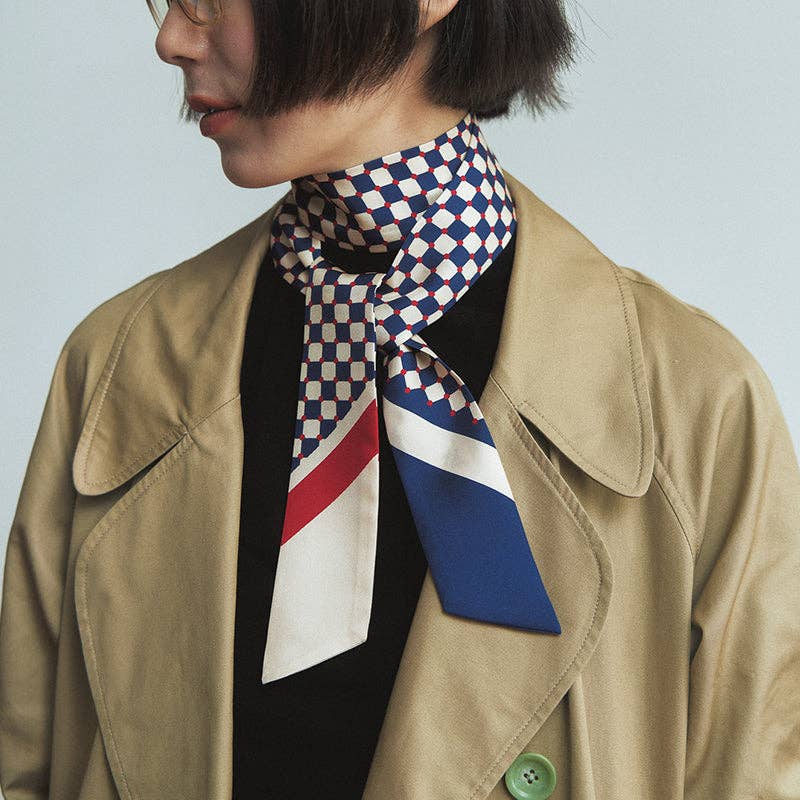 Lost Pattern NYC - "Checkerboard" Silk Twill Skinny Scarf - Blue