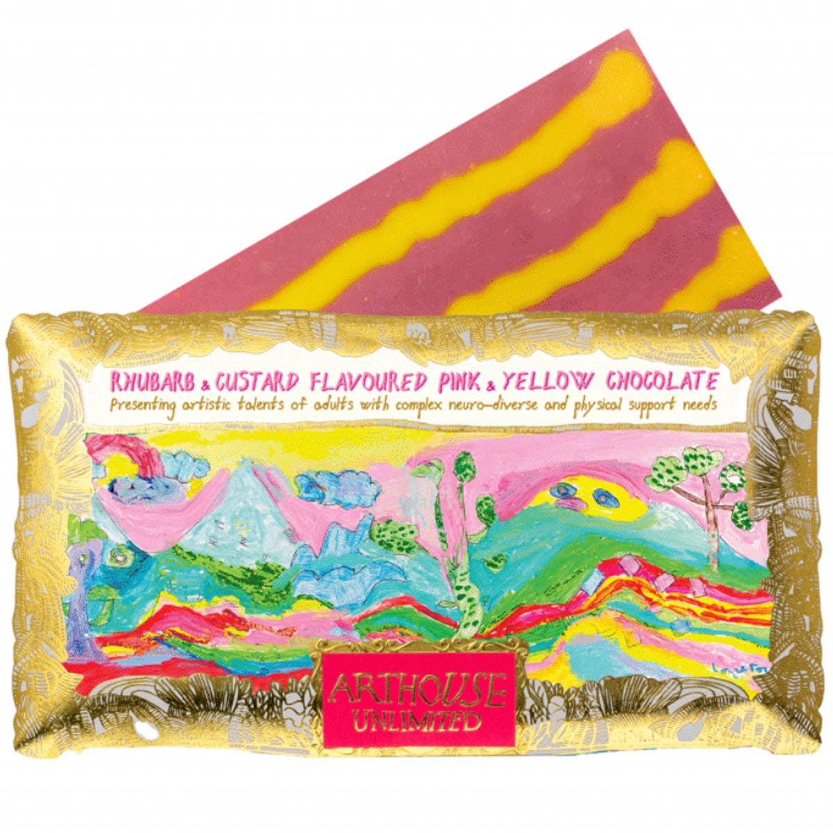 Arthouse Unlimited - Peace, Rhubarb & Custard Flavoured Pink & Yellow Chocolate Bar
