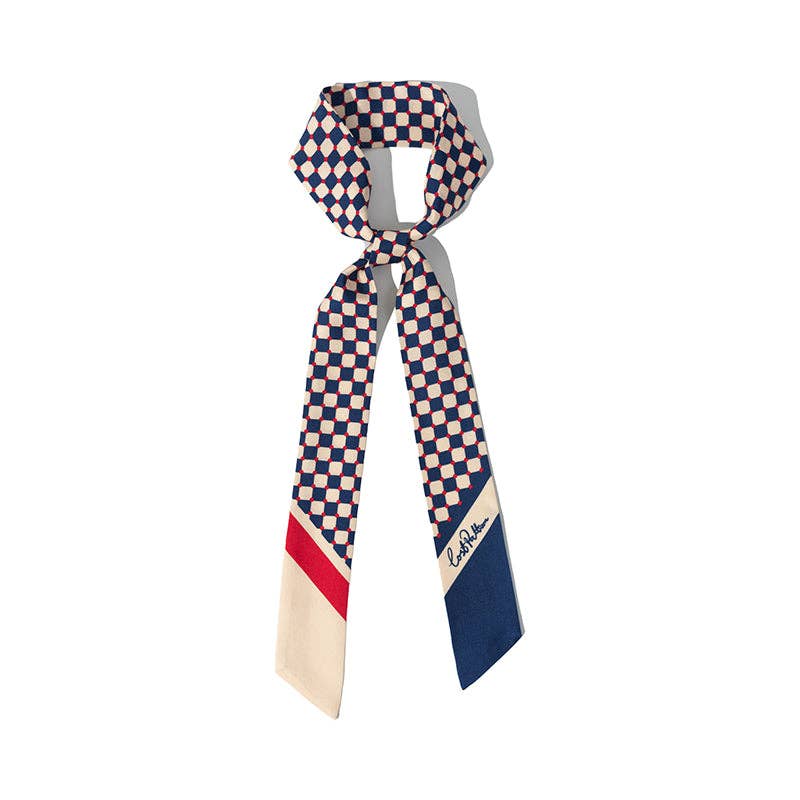 Lost Pattern NYC - "Checkerboard" Silk Twill Skinny Scarf - Blue
