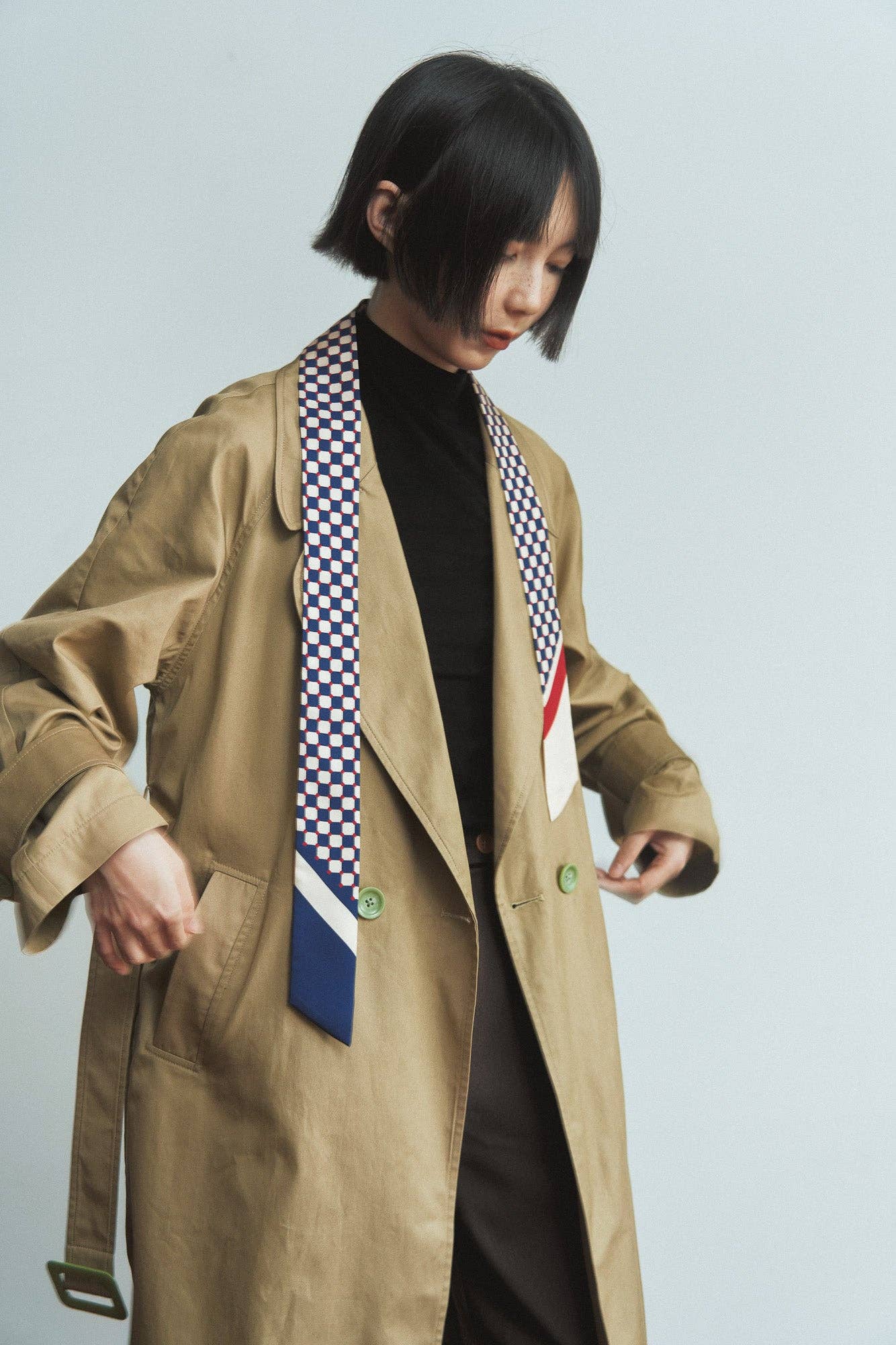 Lost Pattern NYC - "Checkerboard" Silk Twill Skinny Scarf - Blue