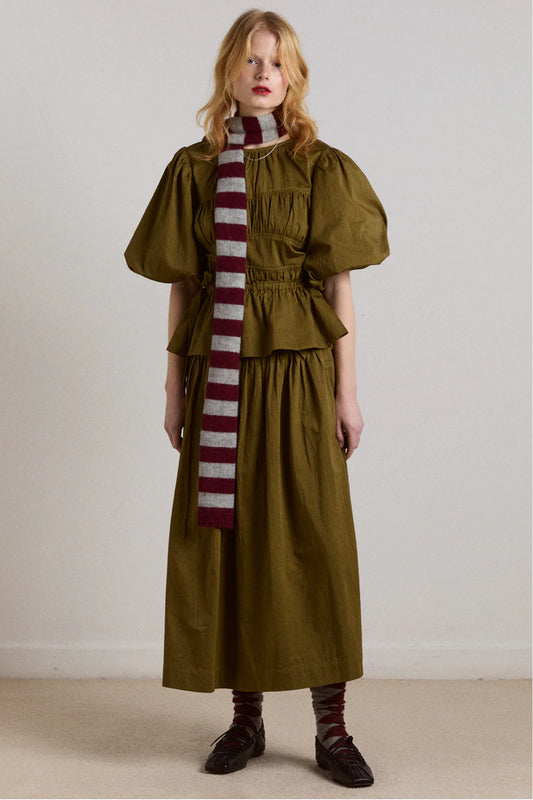 Damson Madder - Stripe Skinny Scarf, Burgundy/Grey