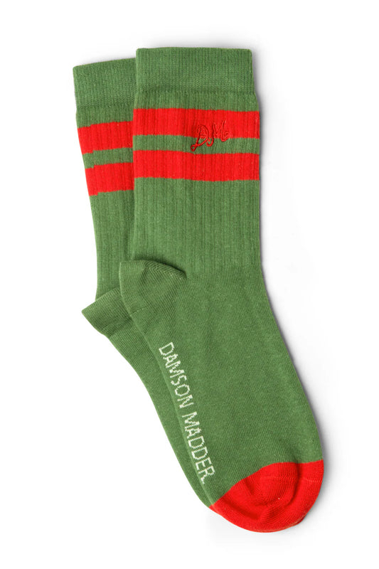 Damson Madder - Sporty Calf Length Socks, Olive/Red Stripe
