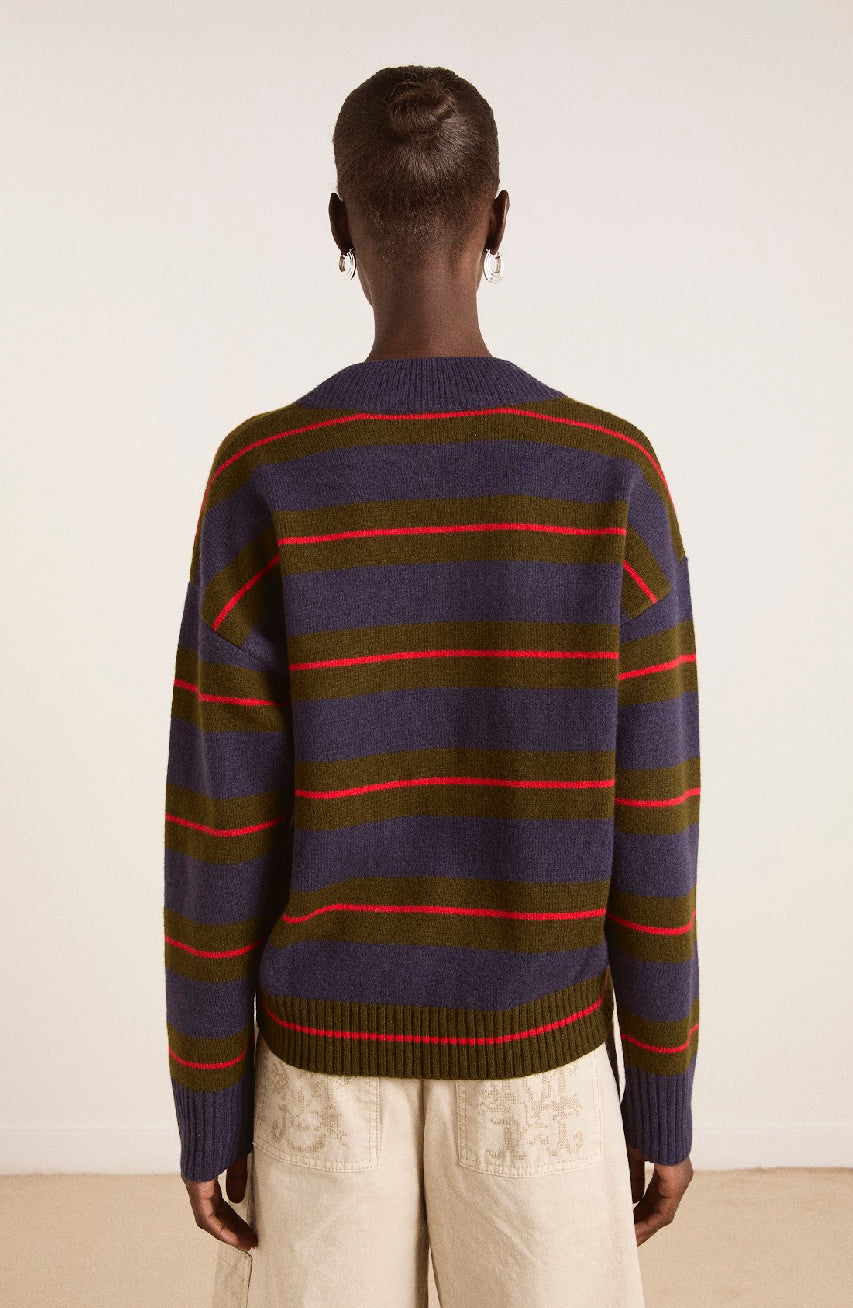 Damson Madder - Odette V-Neck Jumper, Olive/Navy Stripe