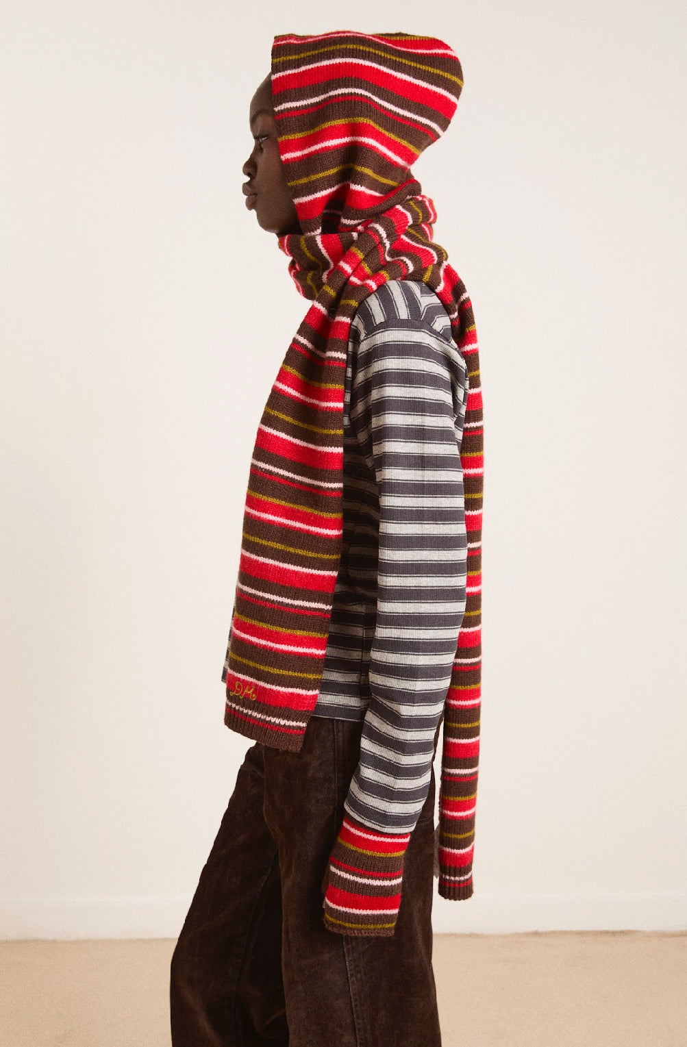 Damson Madder - Fingerless Mittens/Gloves, Choc Multi Stripe