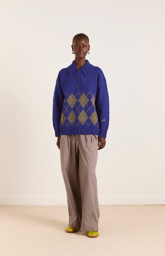 Damson Madder - Saskia Slouchy Rugby Jumper, Bold Argyle