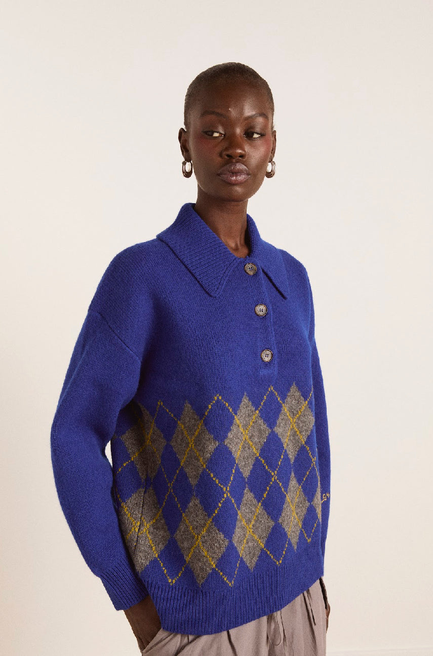 Damson Madder - Saskia Slouchy Rugby Jumper, Bold Argyle