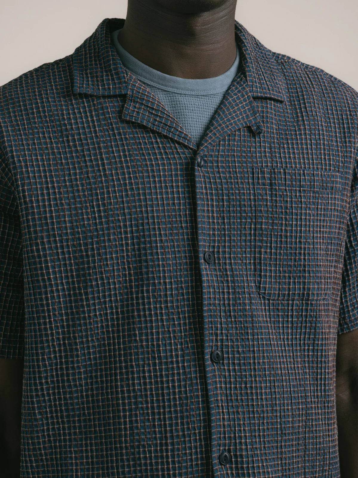 Kestin - Crammond Shirt, Navy Check Japanese Seersucker