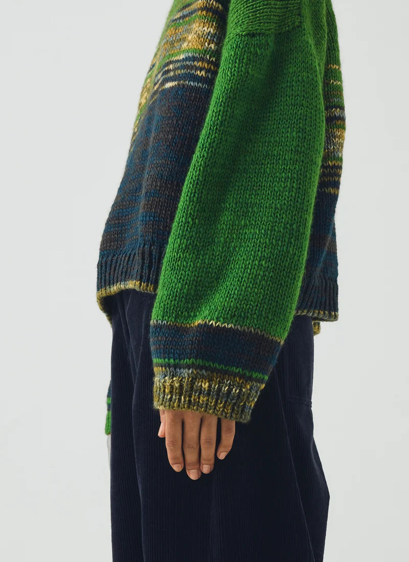 TOAST - Colour Block Hand Framed Wool Sweater, Green Multi