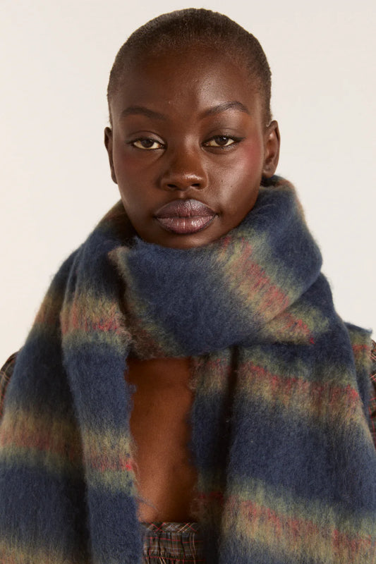 Damson Madder - Brushed Oversized Scarf, Choc Blue Stripe
