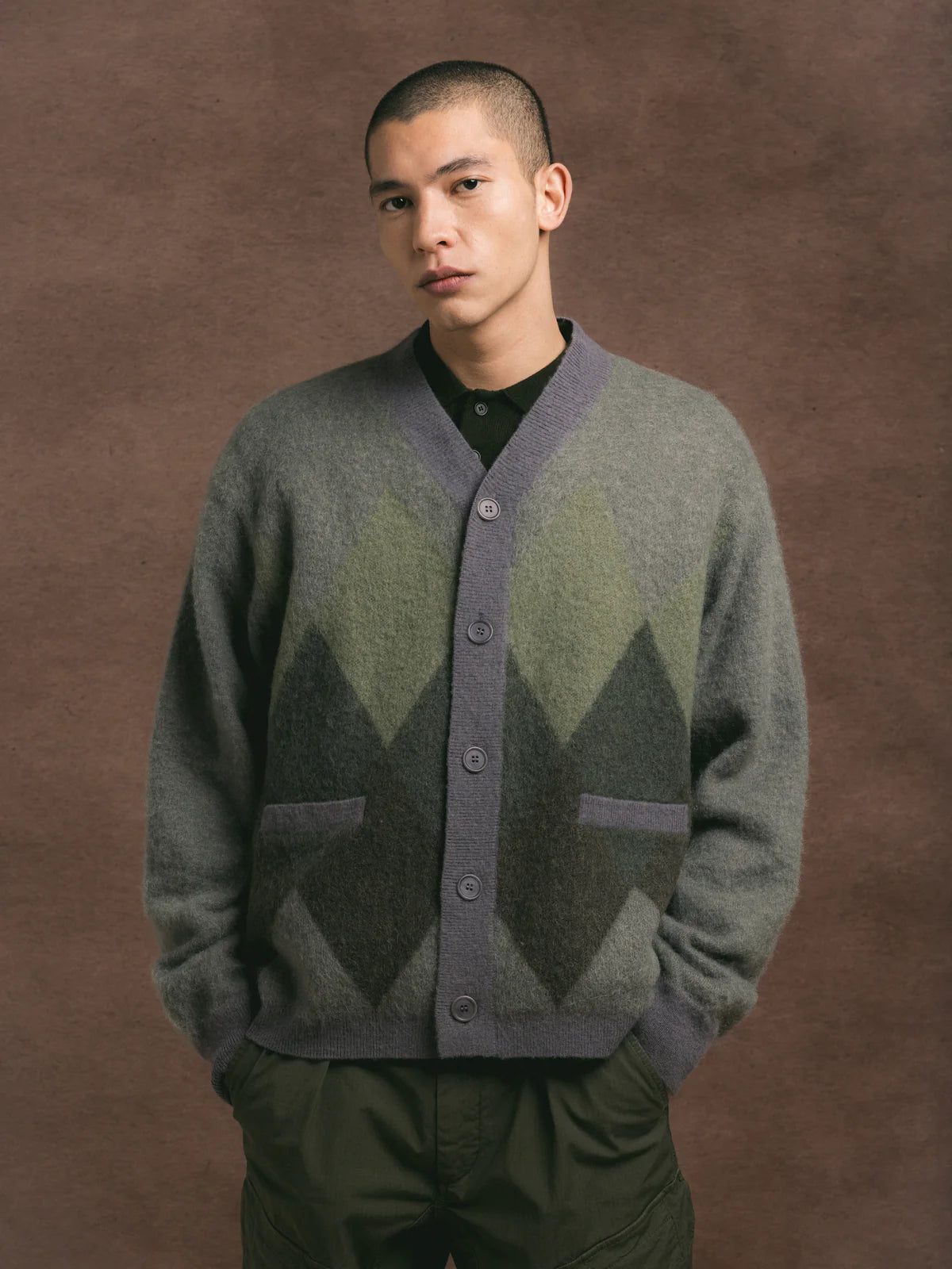 Kestin - Muirfield Argyle Cardigan, Olive Mohair