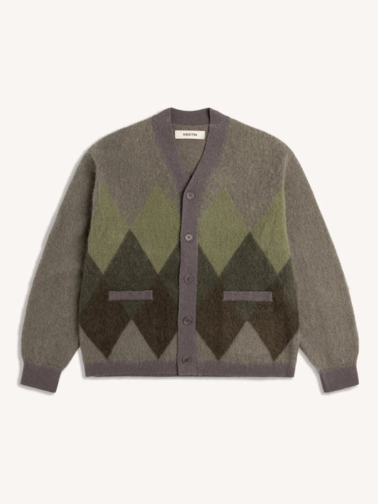 Kestin - Muirfield Argyle Cardigan, Olive Mohair