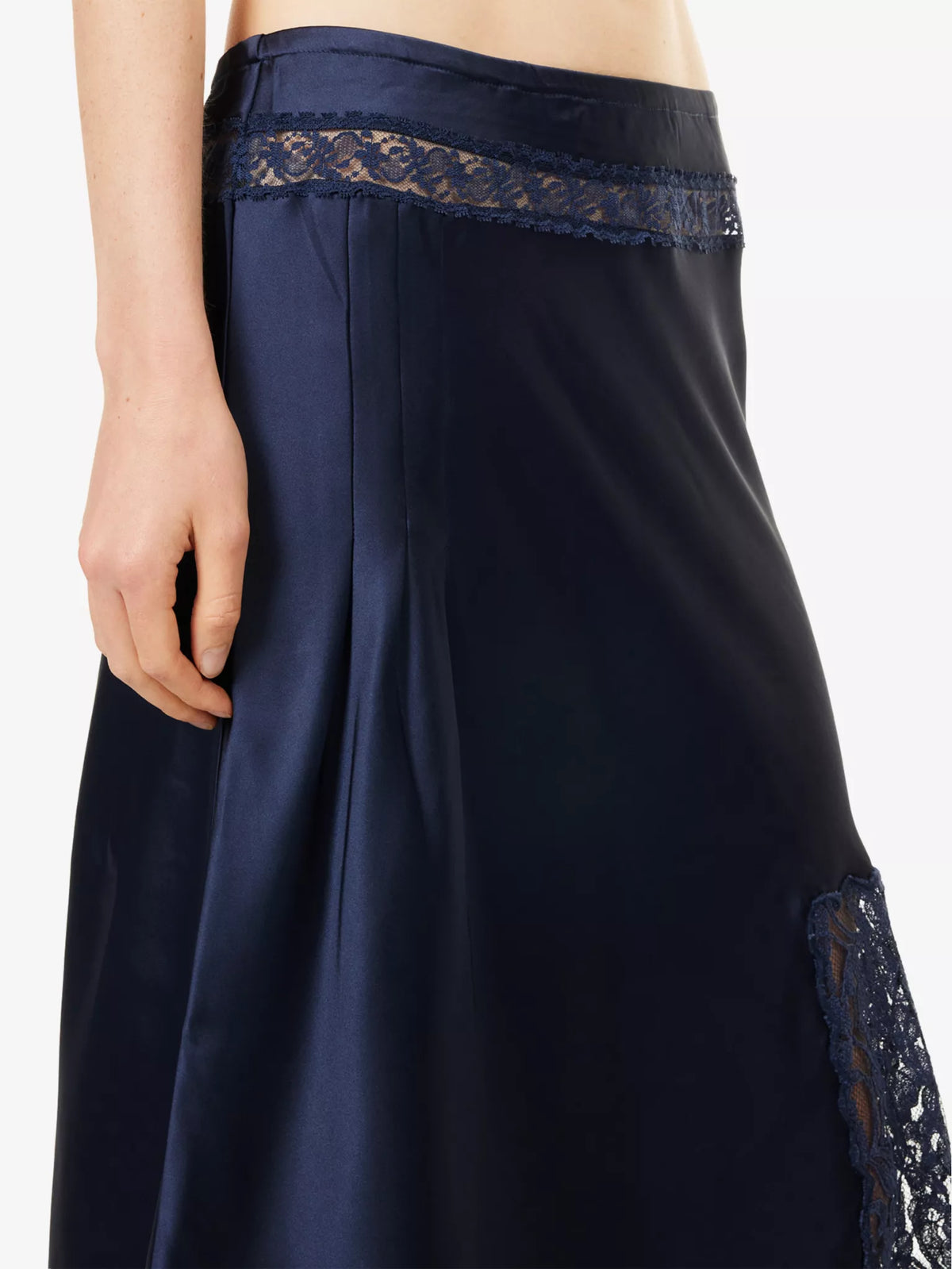 Damson Madder - Elea Satin and Lace Midi Skirt, Navy