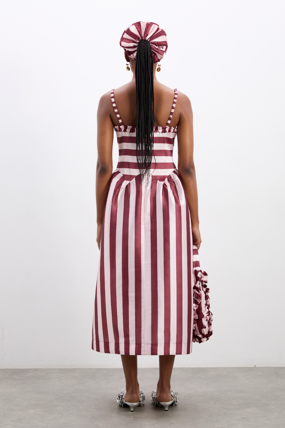 Damson Madder - Rachel Ruffle Midi Dress - Pink / Burg Stripe