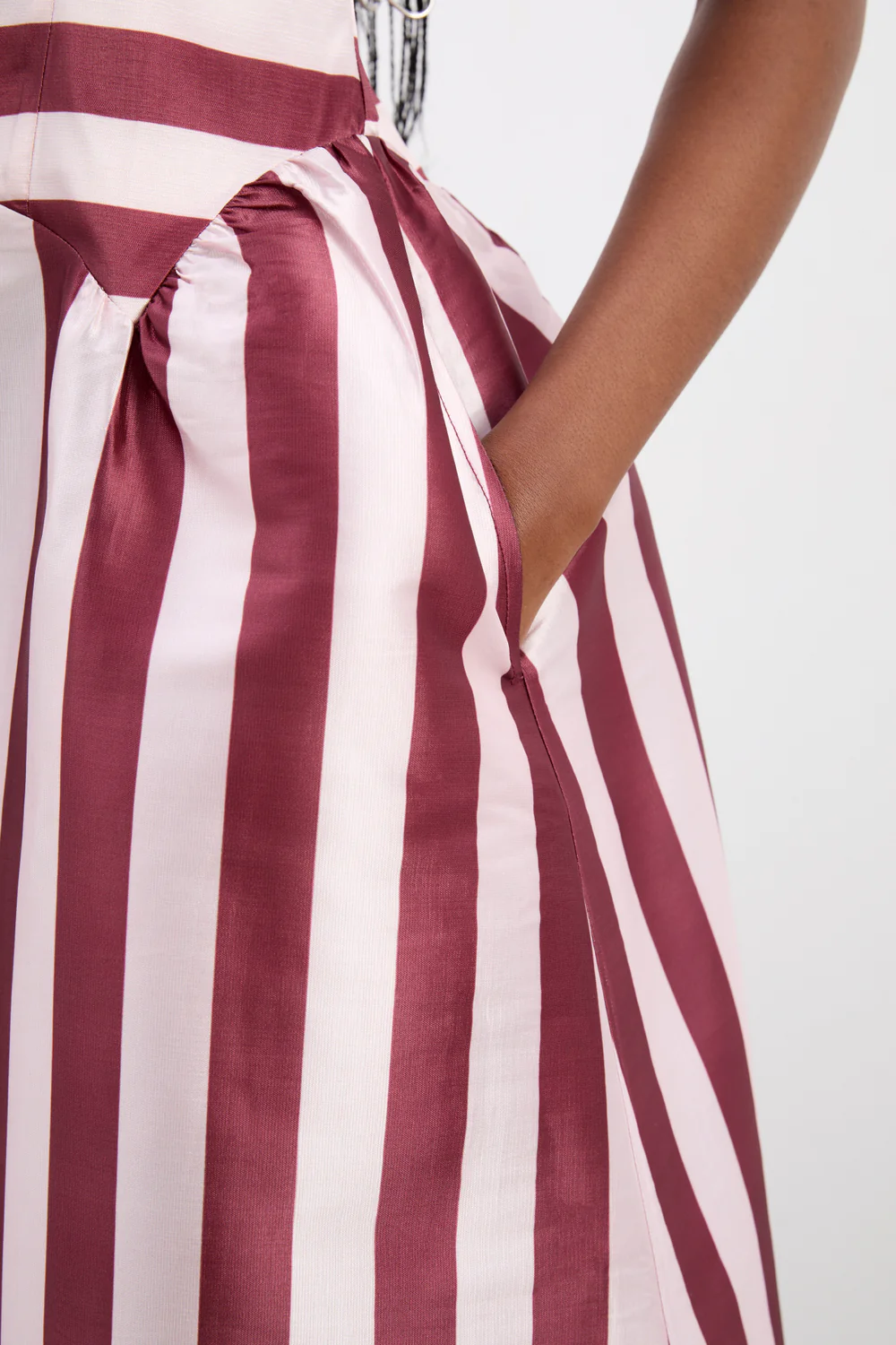 Damson Madder - Rachel Ruffle Midi Dress - Pink / Burg Stripe