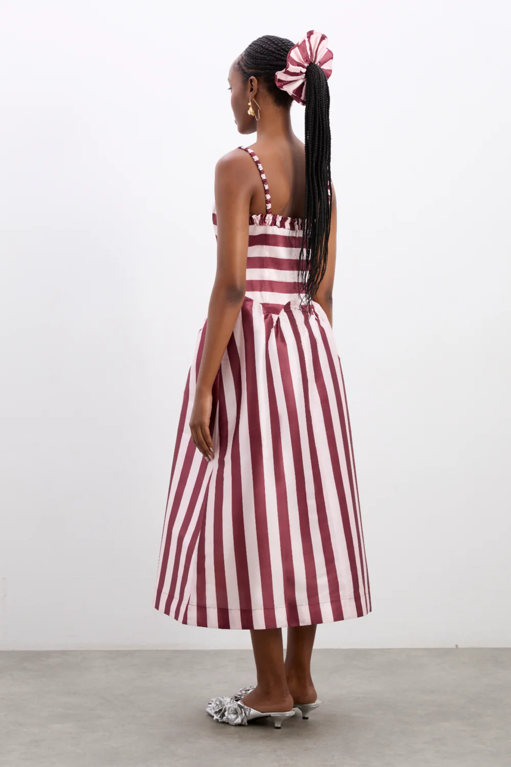 Damson Madder - Rachel Ruffle Midi Dress - Pink / Burg Stripe
