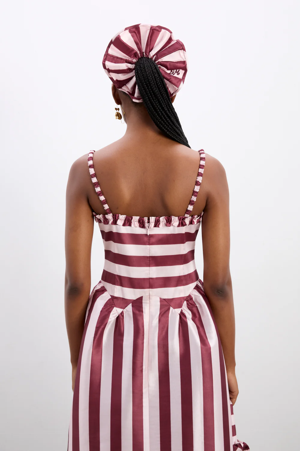 Damson Madder - Rachel Ruffle Midi Dress - Pink / Burg Stripe