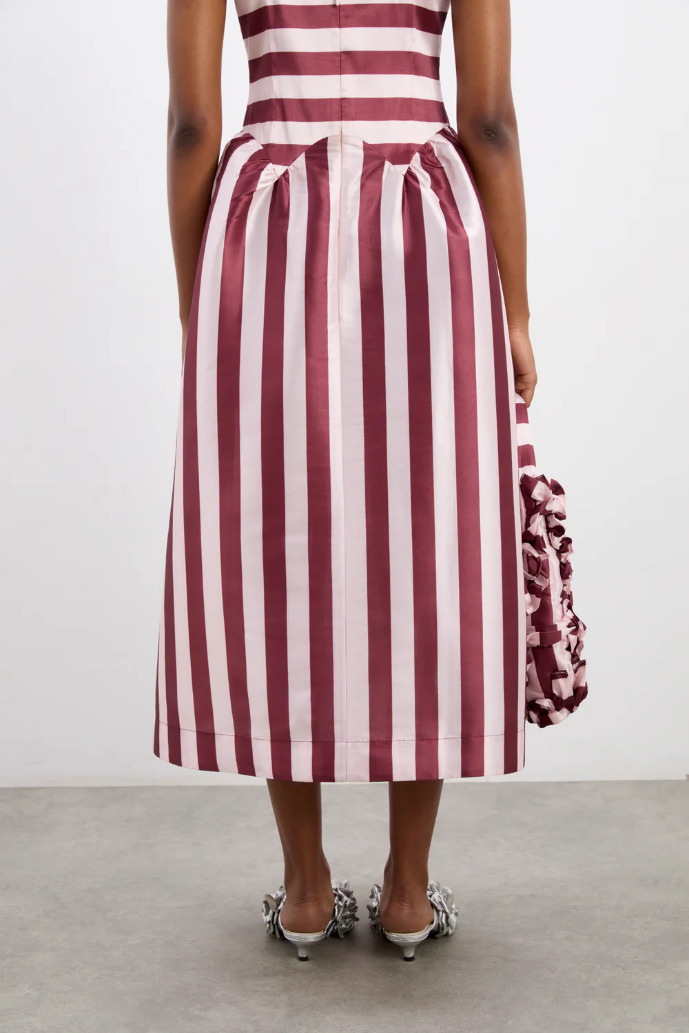 Damson Madder - Rachel Ruffle Midi Dress - Pink / Burg Stripe