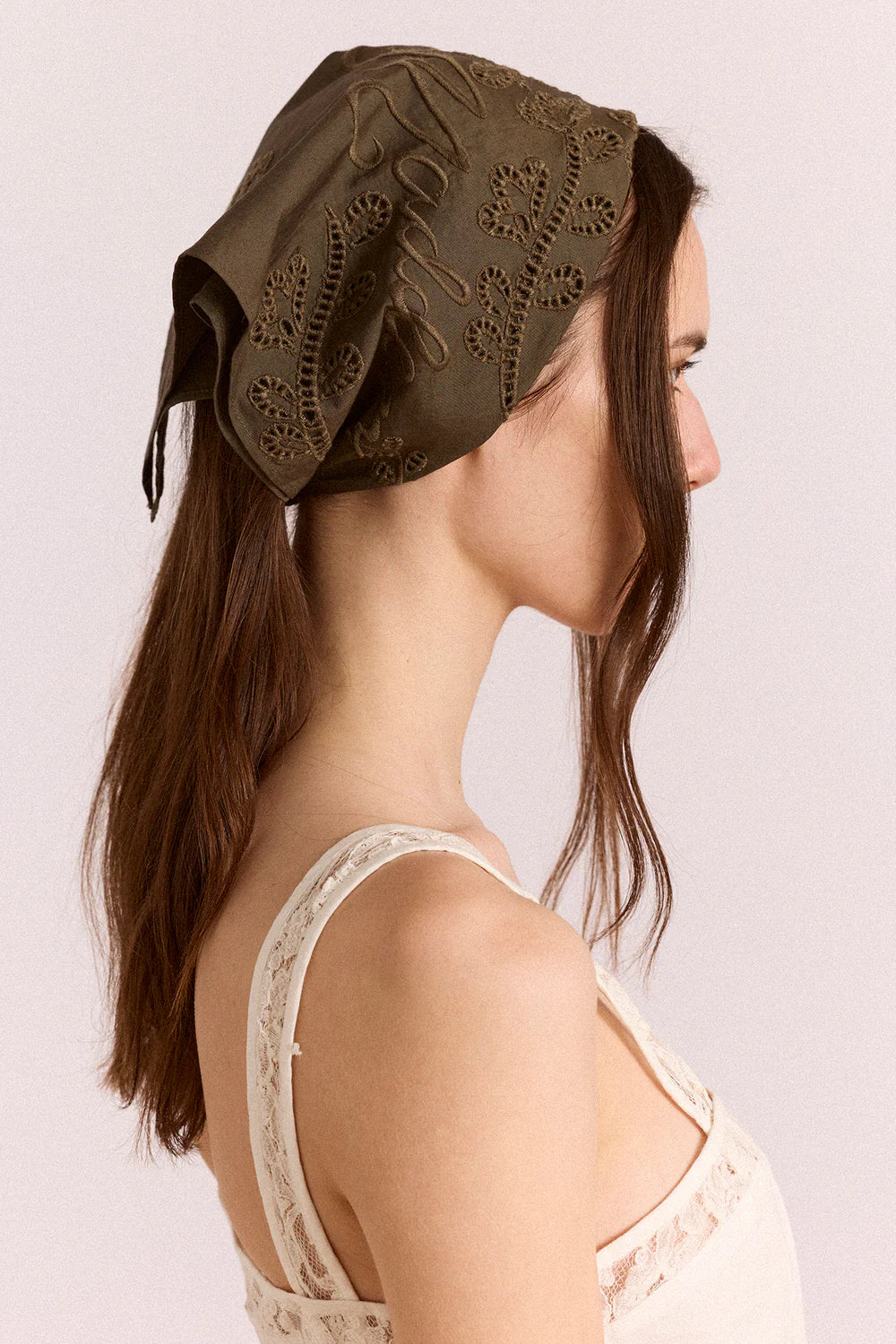 Damson Madder - Embroidered Headscarf, Khaki