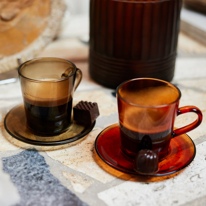 HKliving - 70s Glassware - Coffee Cup and Saucer - Amber Brown