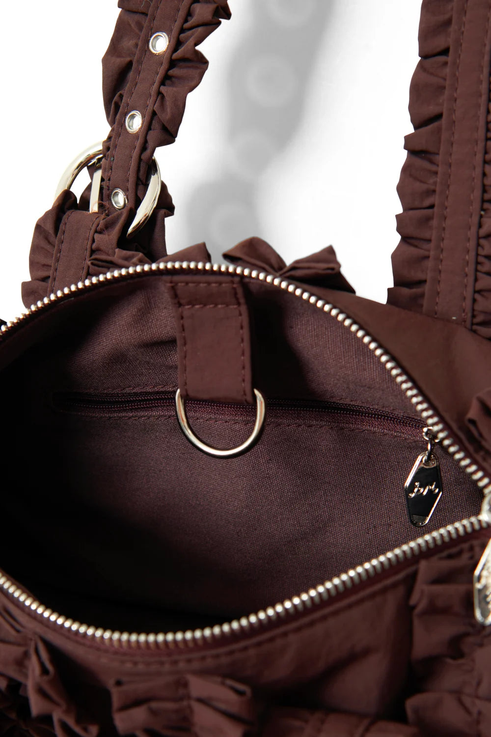 Damson Madder - Waverley Mini Ruffle Barrel Bag - Choc