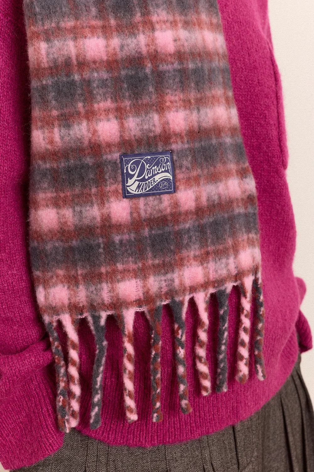 Damson Madder - Brushed Fluffy Scarf, Magenta Check