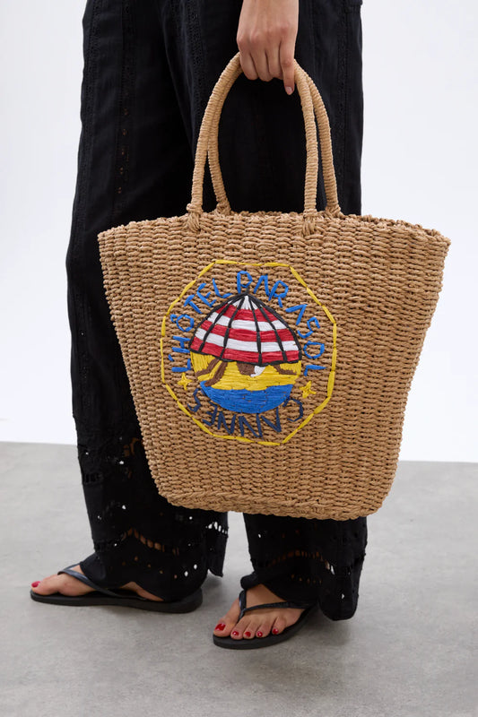 Damson Madder Straw Market Bag with L’hotel Embroidery