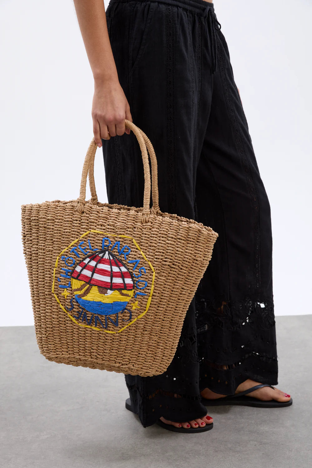 Damson Madder Straw Market Bag with L’hotel Embroidery