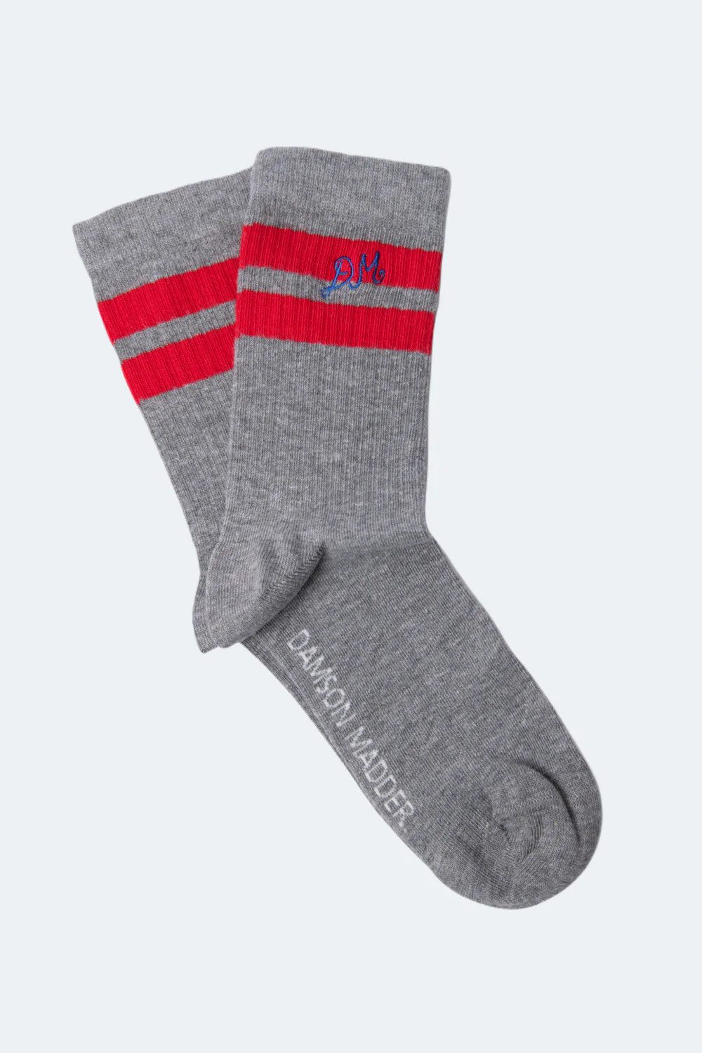 Damson Madder - Sporty Calf Length Socks, Grey Marl with Red Stripes