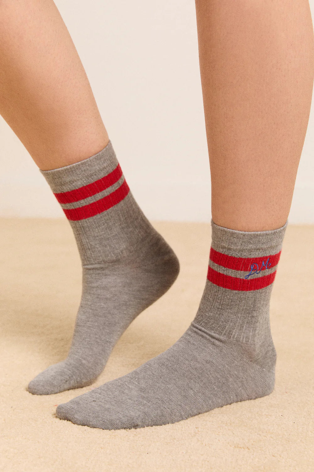 Damson Madder - Sporty Calf Length Socks, Grey Marl with Red Stripes