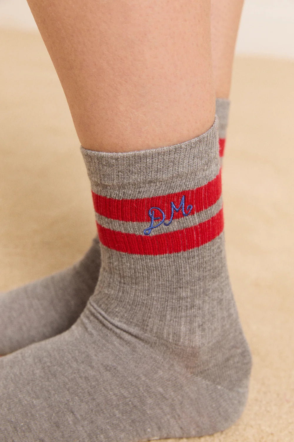 Damson Madder - Sporty Calf Length Socks, Grey Marl with Red Stripes