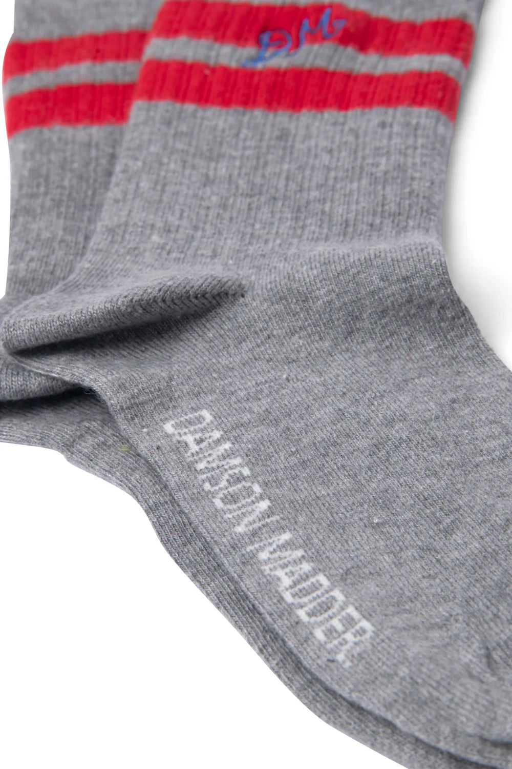 Damson Madder - Sporty Calf Length Socks, Grey Marl with Red Stripes
