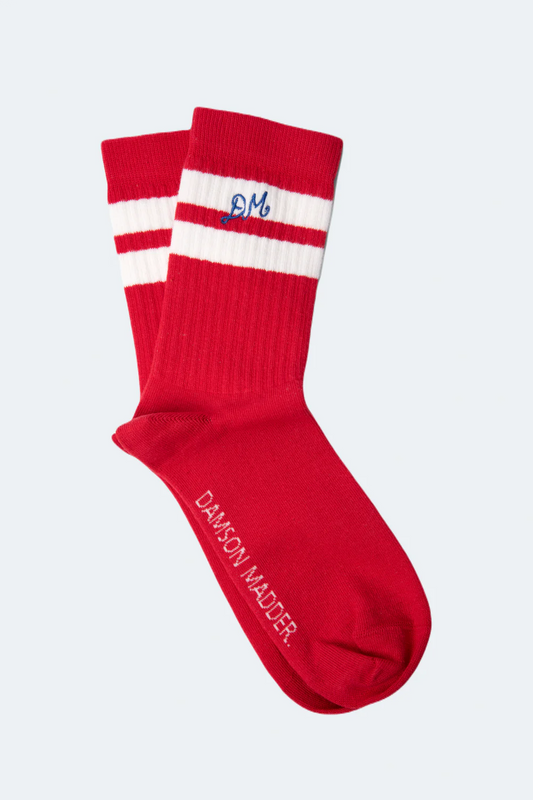 Damson Madder - Sporty Calf Length Socks, Red with Ecru Stripes
