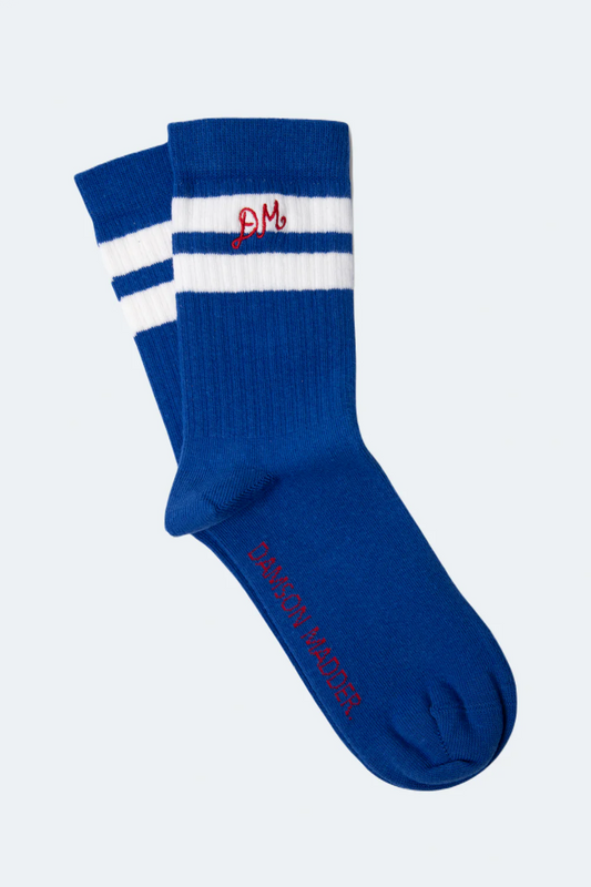 Damson Madder - Sporty Calf Length Socks, Cobalt with Ecru Stripes