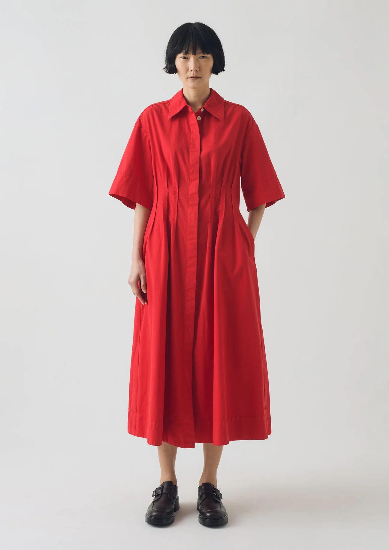 TOAST - Pleated Cotton Linen Dress, Cardinal Red