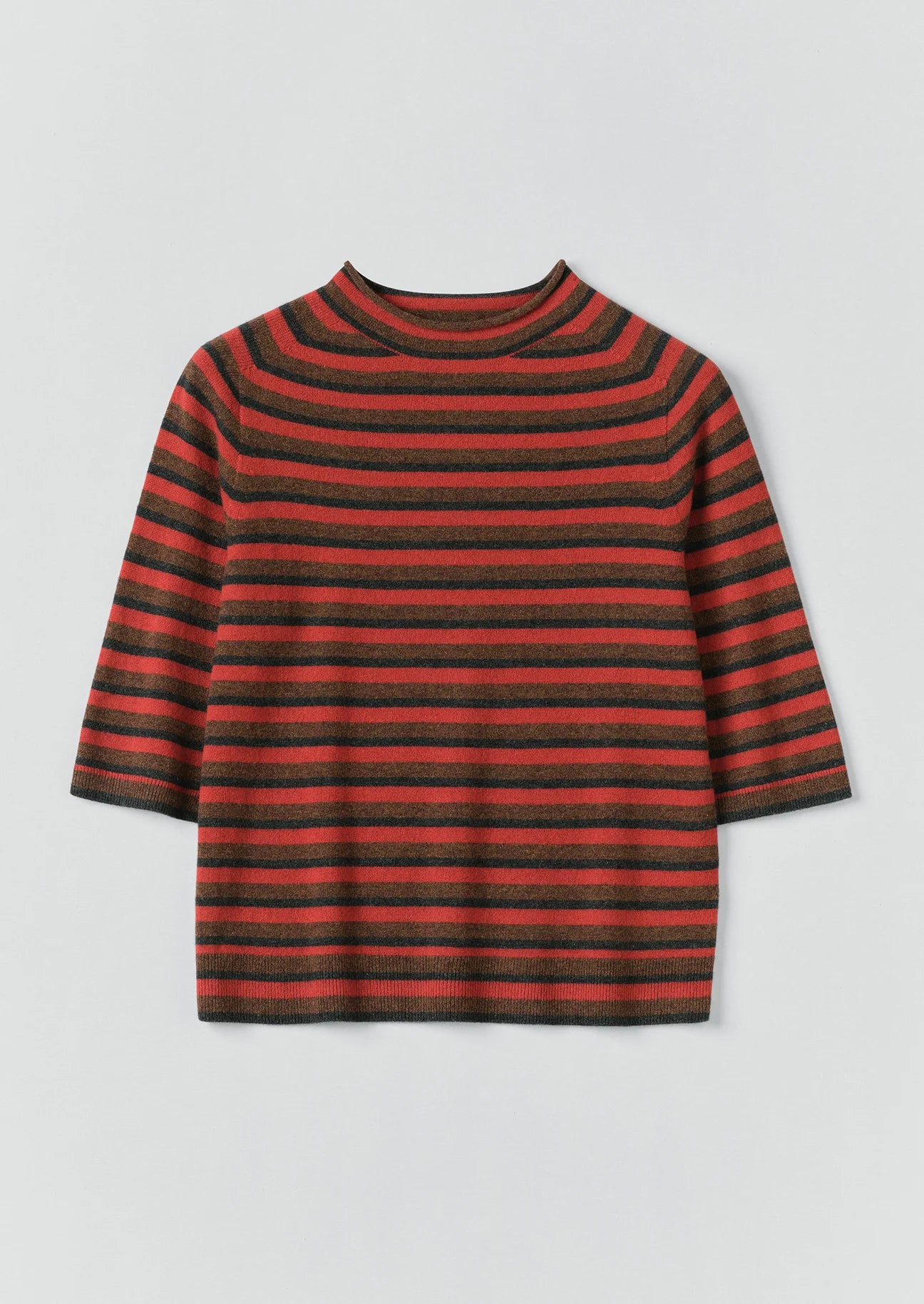 TOAST - Stripe Wool Cashmere Half Sleeve Top, Red Multi