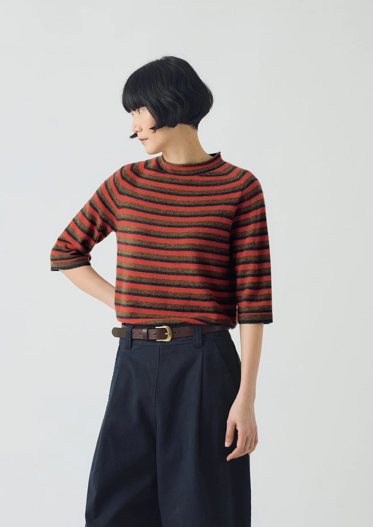 TOAST - Stripe Wool Cashmere Half Sleeve Top, Red Multi