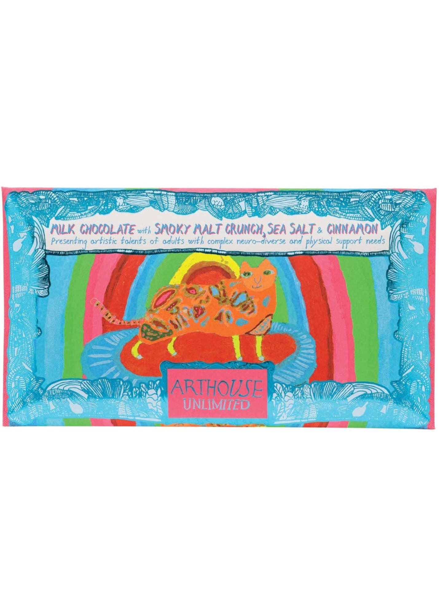 Arthouse Umlimited -
Rainbow Cat, Milk Chocolate Bar with Smoky Malt Crunch, Sea Salt & Cinnamon