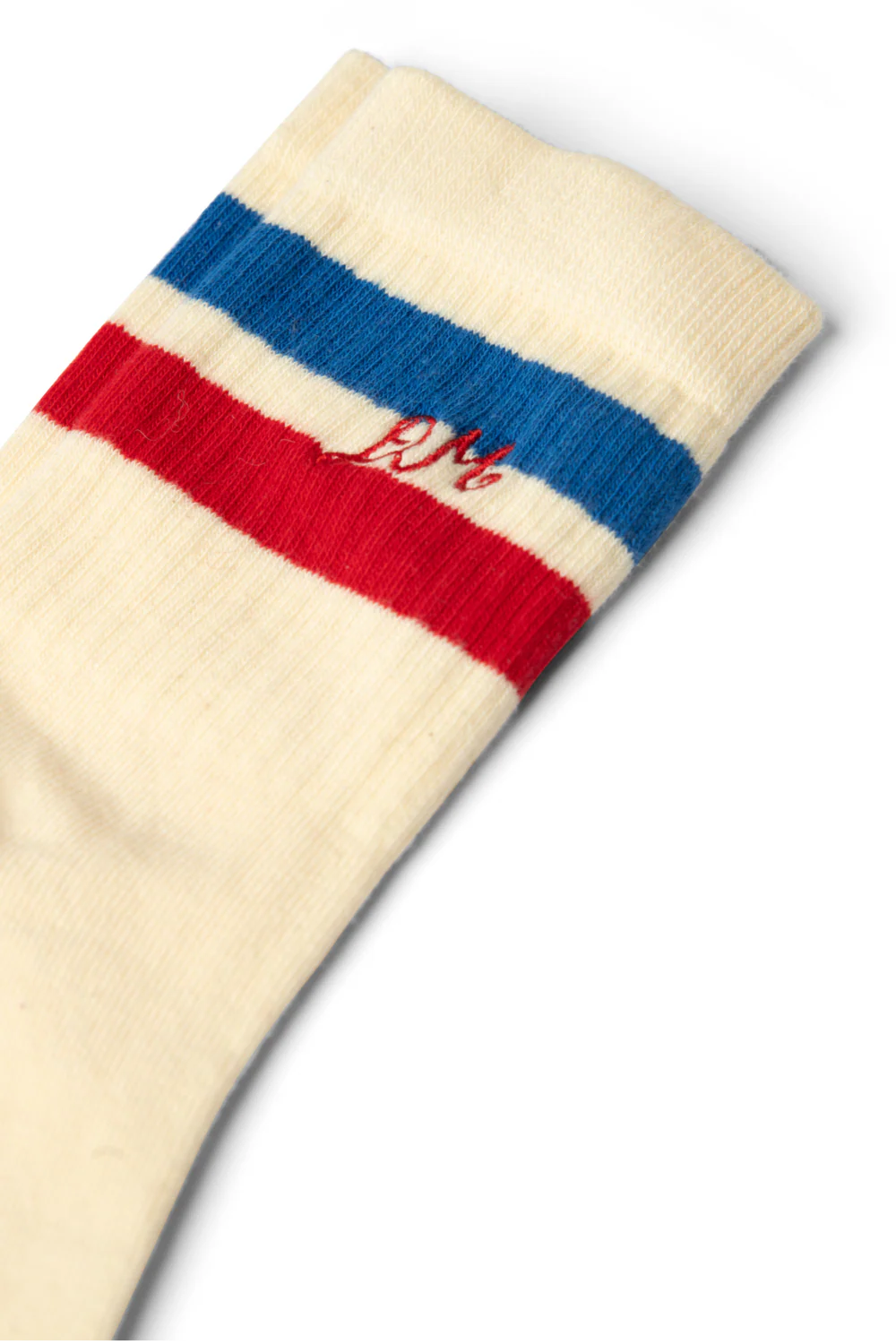 Damson Madder - Sporty Calf Length Socks, Cream with Blue and Red Stripe