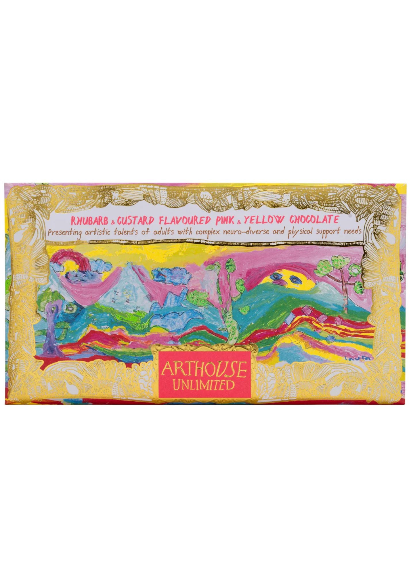Arthouse Unlimited - Peace, Rhubarb & Custard Flavoured Pink & Yellow Chocolate Bar