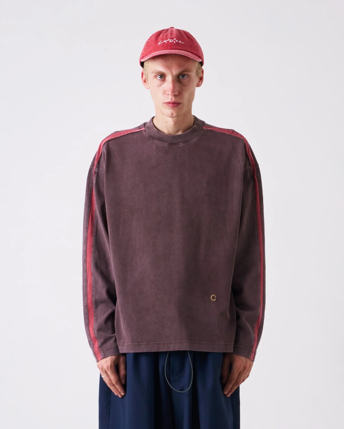 CANDICE - Washed Racer Long Sleeve Tee, Brown/Red Stripe