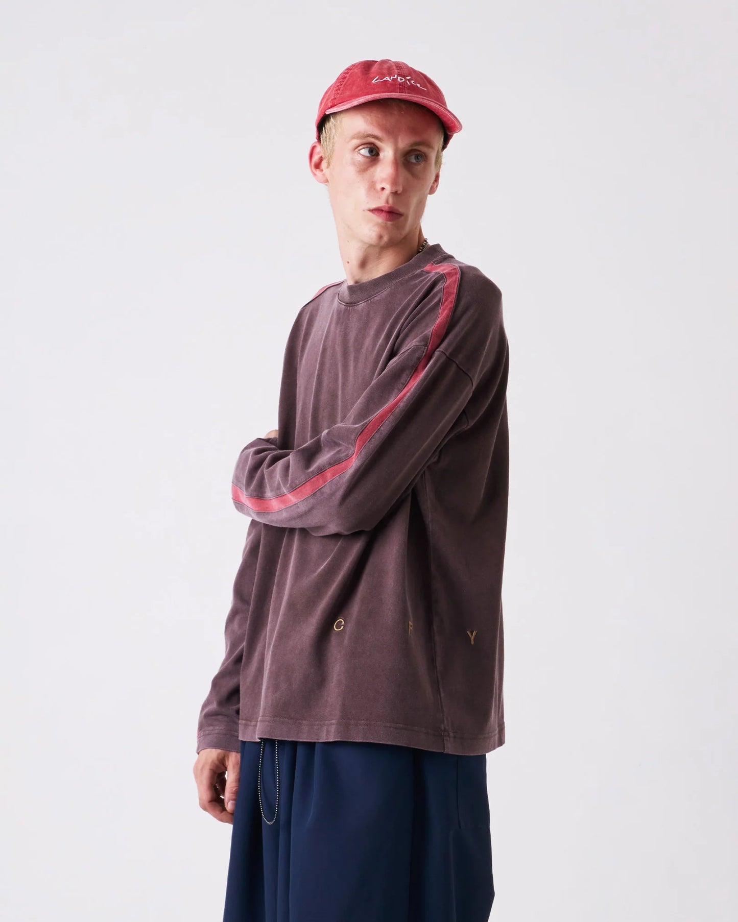 CANDICE - Washed Racer Long Sleeve Tee, Brown/Red Stripe