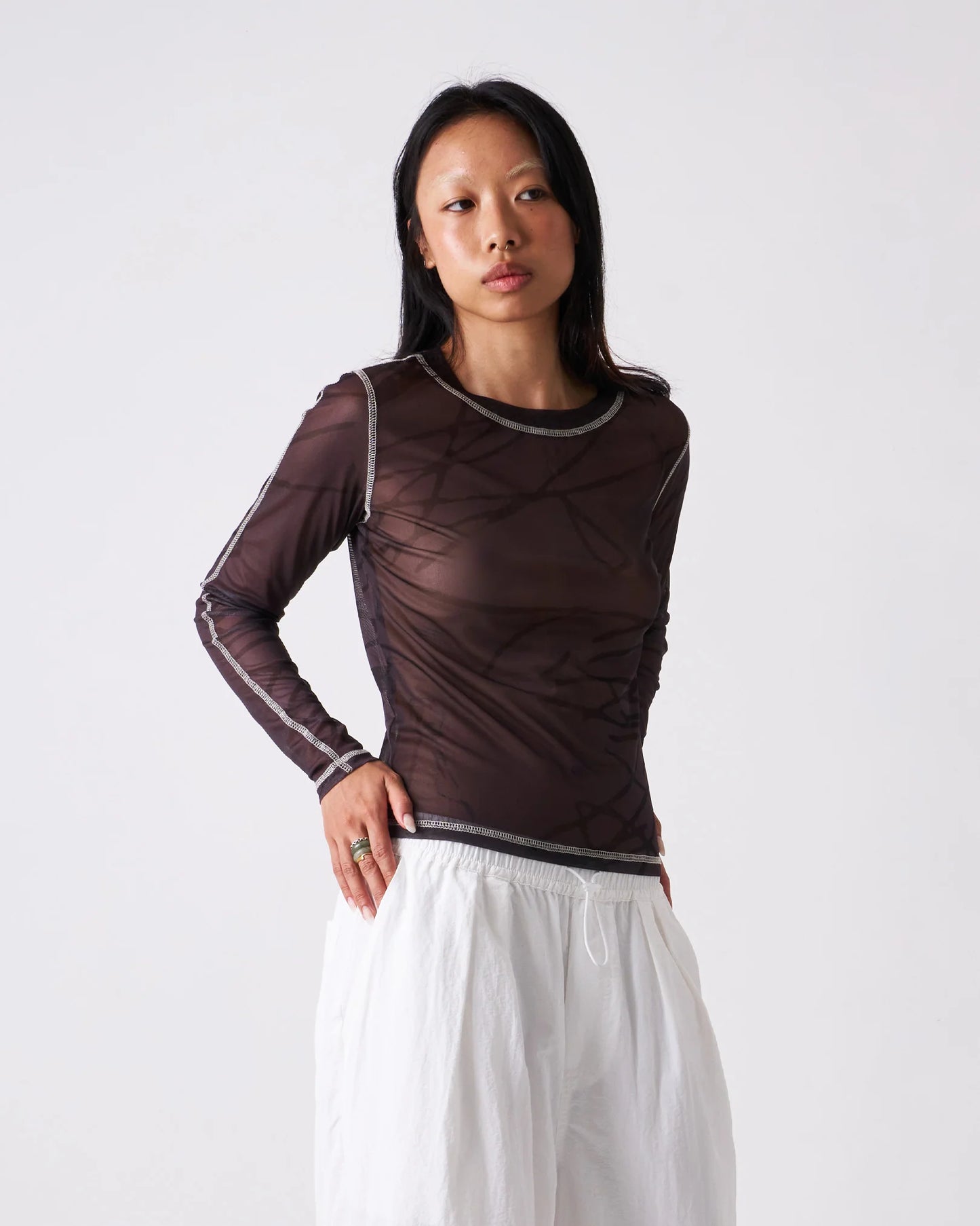 CANDICE - Scribble Mesh Top, Black/Brown