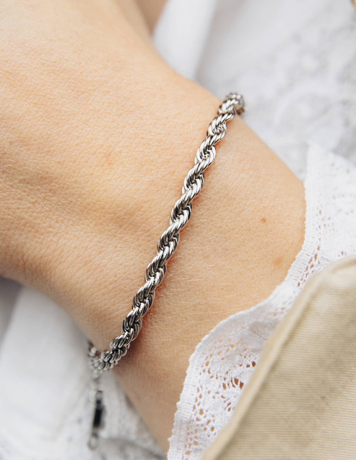 Nordic Muse - Silver 4mm Rope Twist Bracelet, Waterproof