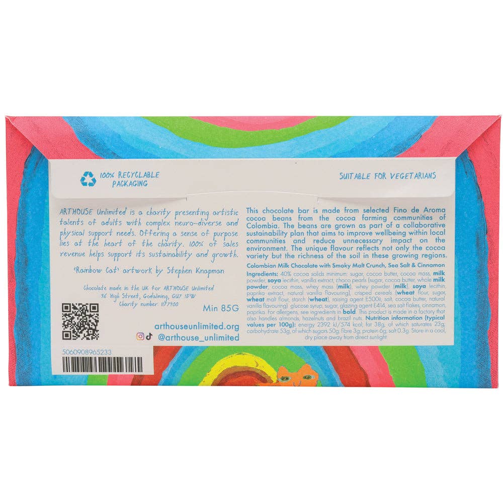 Arthouse Umlimited -
Rainbow Cat, Milk Chocolate Bar with Smoky Malt Crunch, Sea Salt & Cinnamon