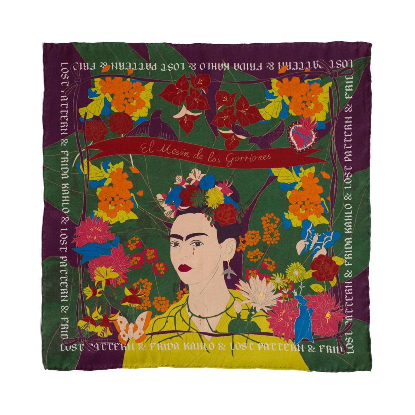 Lost Pattern NYC - "Los Amores de Frida" Silk Pocket Square - Dark Green