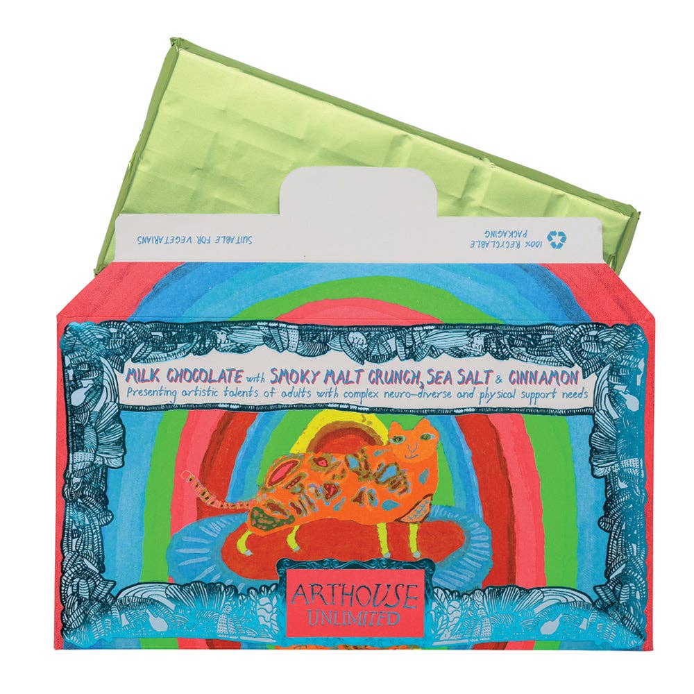Arthouse Umlimited -
Rainbow Cat, Milk Chocolate Bar with Smoky Malt Crunch, Sea Salt & Cinnamon